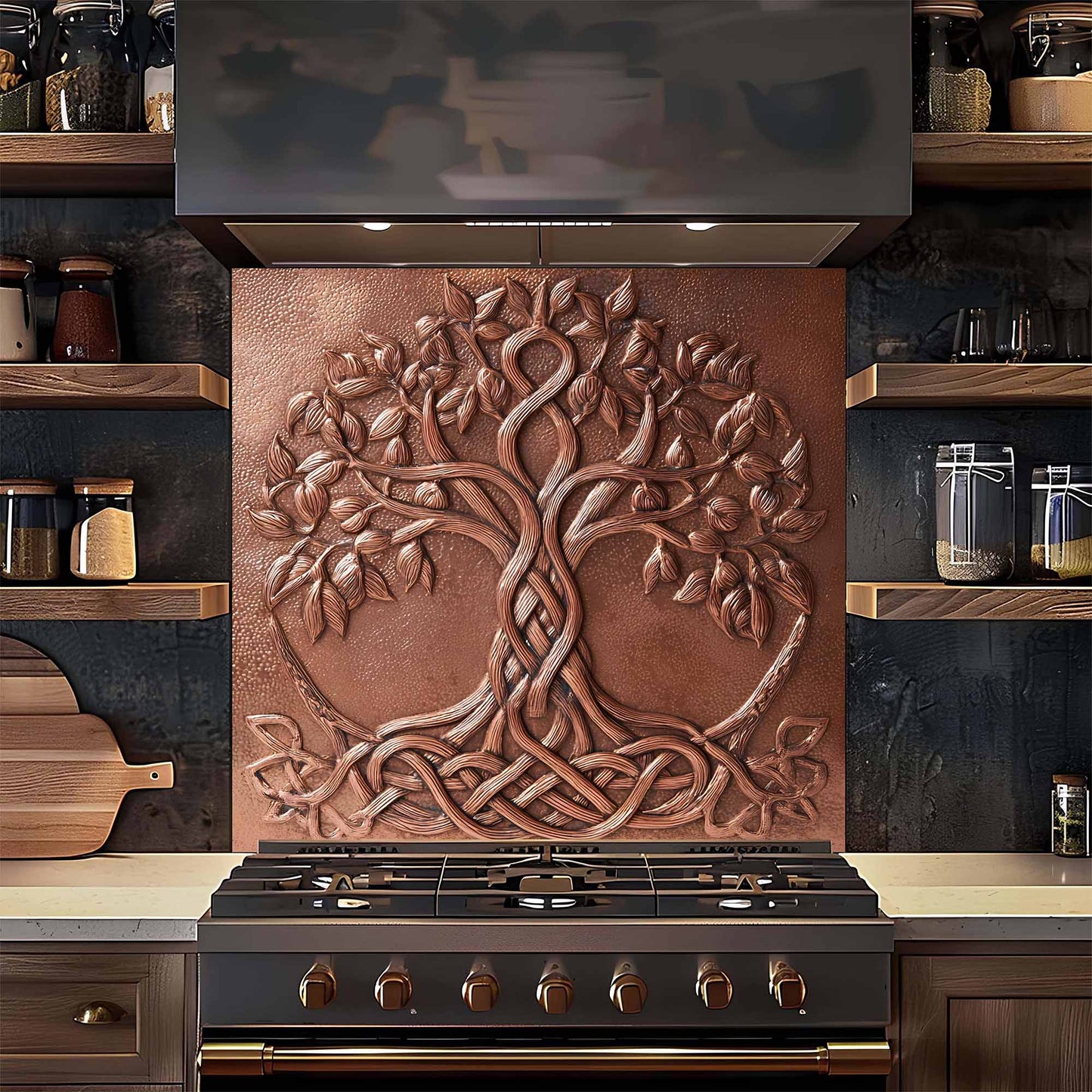 Decorative tempered glass backsplash with tree design above a stove in a kitchen setting.
