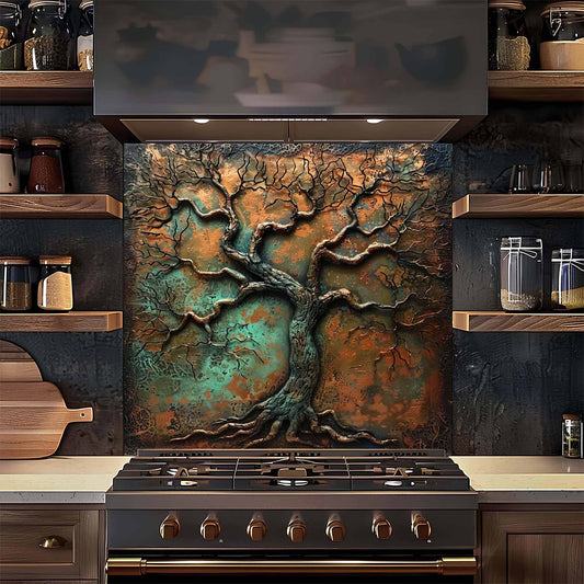 Decorative glass backsplash with a tree design above a stove in a kitchen.