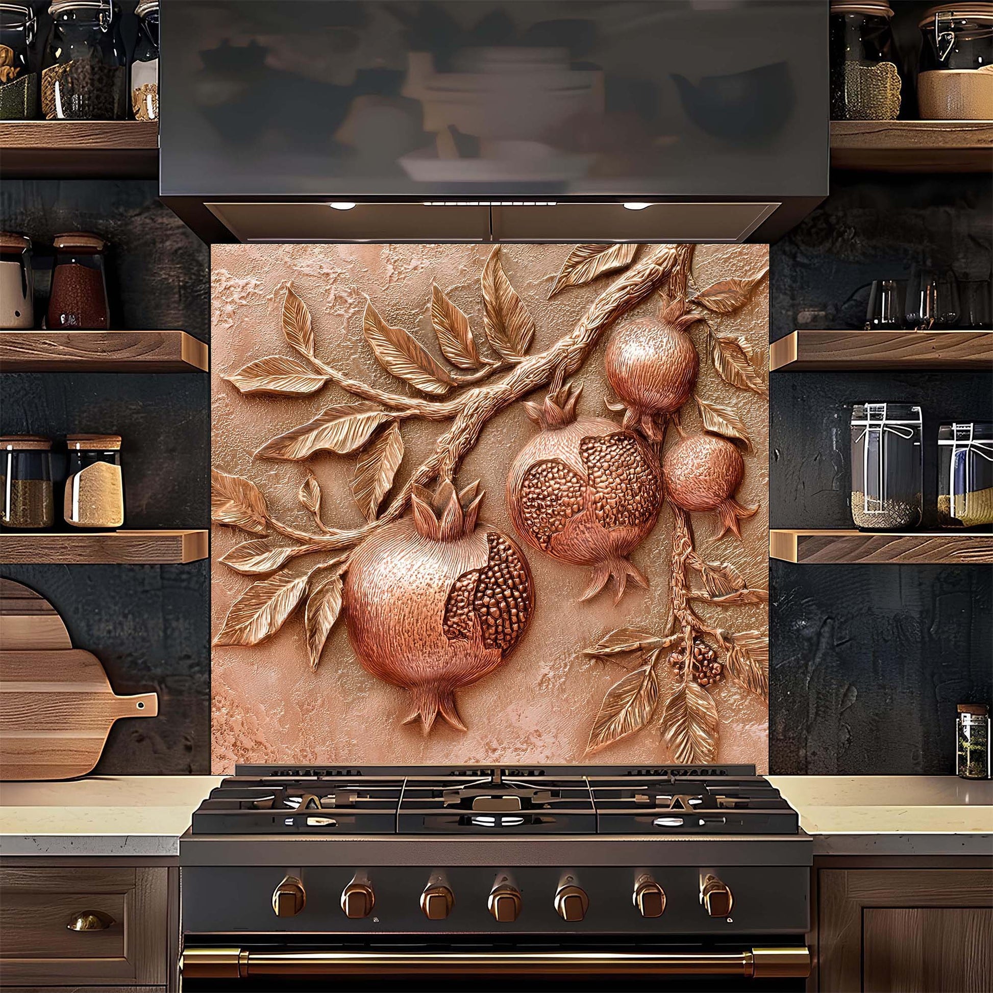 Decorative backsplash with pomegranate design above a stove in a kitchen.