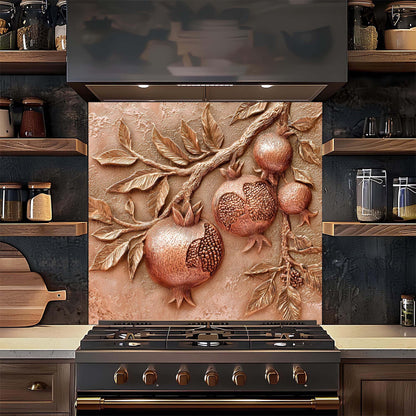 Decorative backsplash with pomegranate design above a stove in a kitchen.
