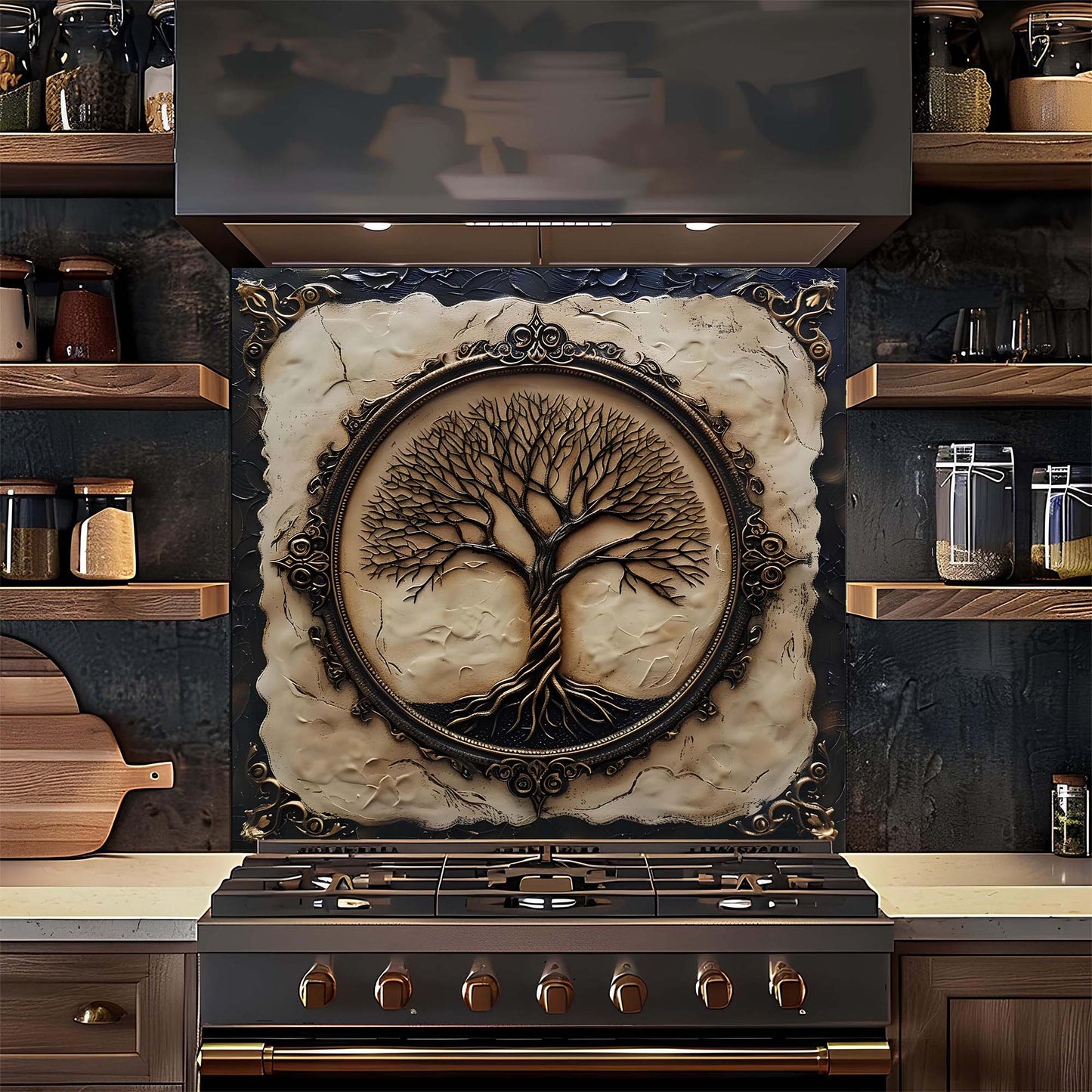 Decorative wall tile with tree design above a stove in a kitchen setting