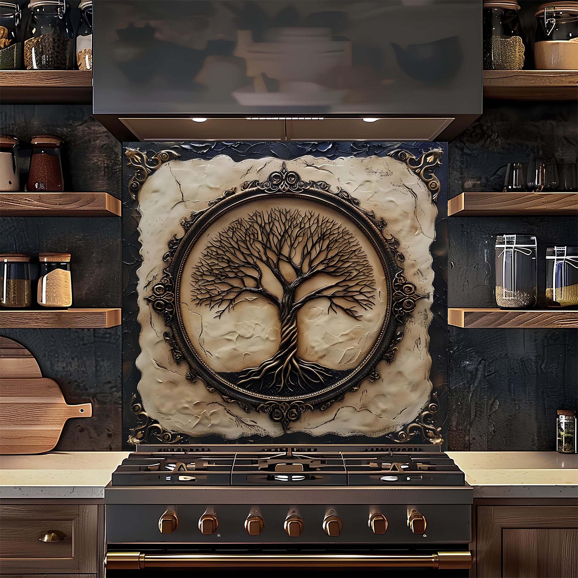 Decorative wall tile with tree design above a stove in a kitchen setting