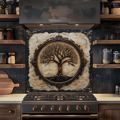 Decorative wall tile with tree design above a stove in a kitchen setting