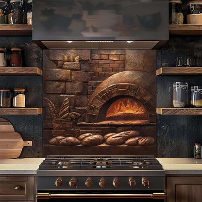 Kitchen with a decorative glass backsplash featuring bread and a stone oven.