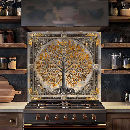 Decorative stove with tree kitchen backsplash in a kitchen setting