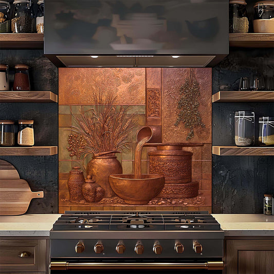 Decorative backsplash with copper elements above a stove in a kitchen.