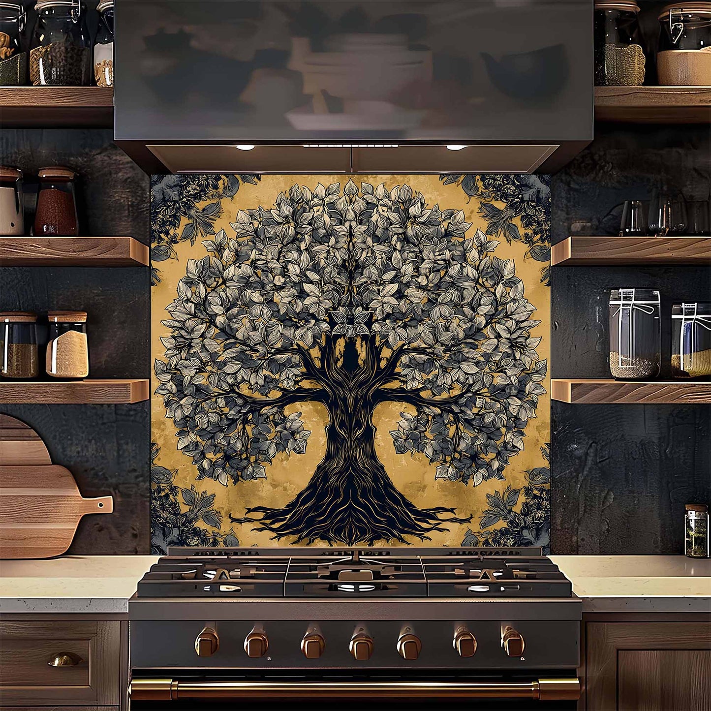 Decorative backsplash with tree design in a kitchen setting