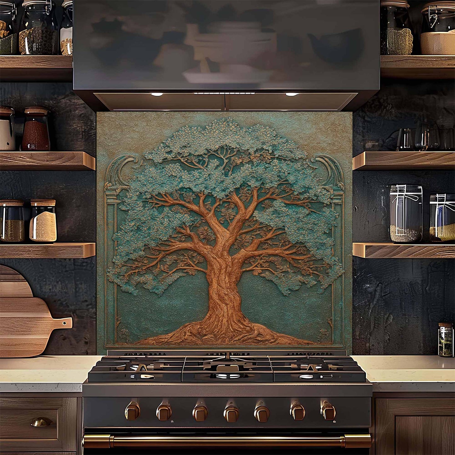 Stainless steel stove with decorative tree backsplash in a kitchen setting