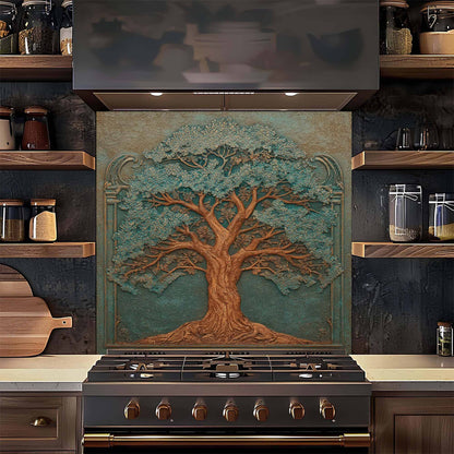 Stainless steel stove with decorative tree backsplash in a kitchen setting
