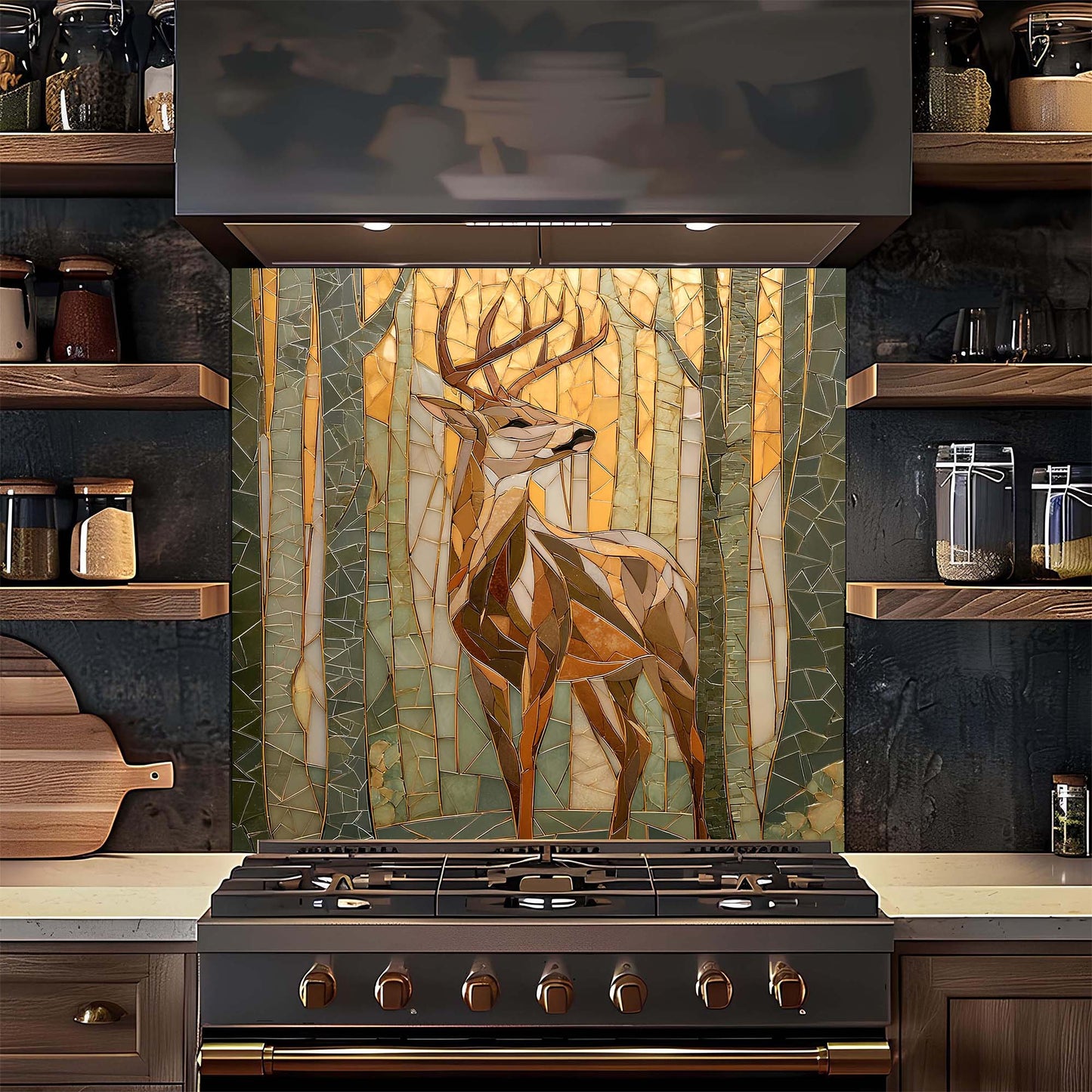 Kitchen with a decorative glass backsplash featuring a deer in a forest design above a stove.
