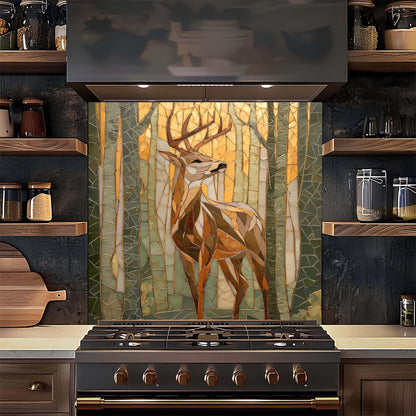 Kitchen with a decorative glass backsplash featuring a deer in a forest design above a stove.