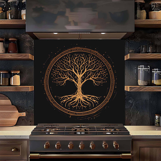 Stove with a decorative tree of life design on a black backsplash in a kitchen setting.