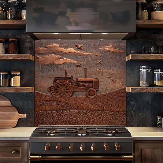 Kitchen with a decorative backsplash featuring a tractor design, above a stove.