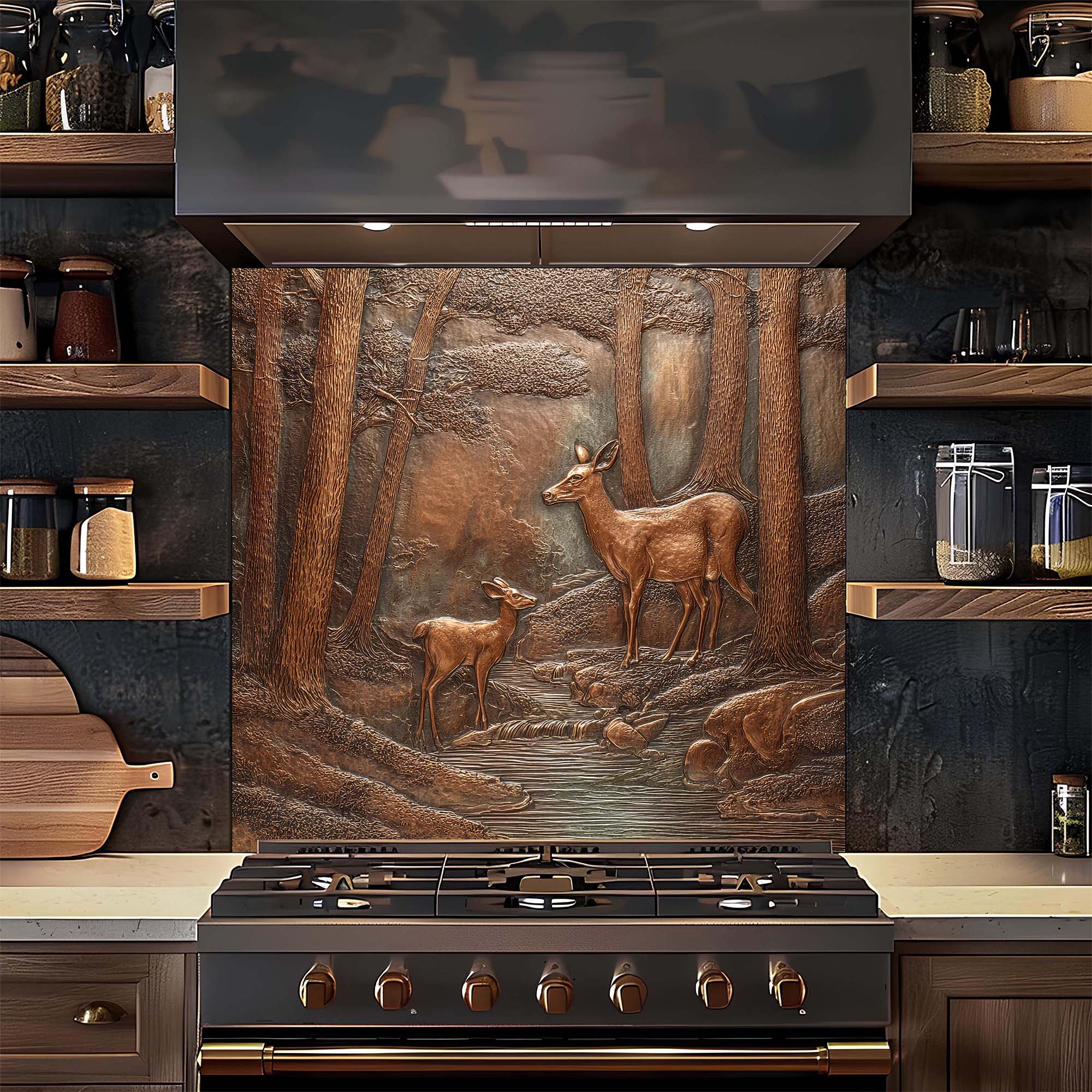 Forest Deer and Fawn Kitchen Backsplash – Copper Look Glass Splashback ...