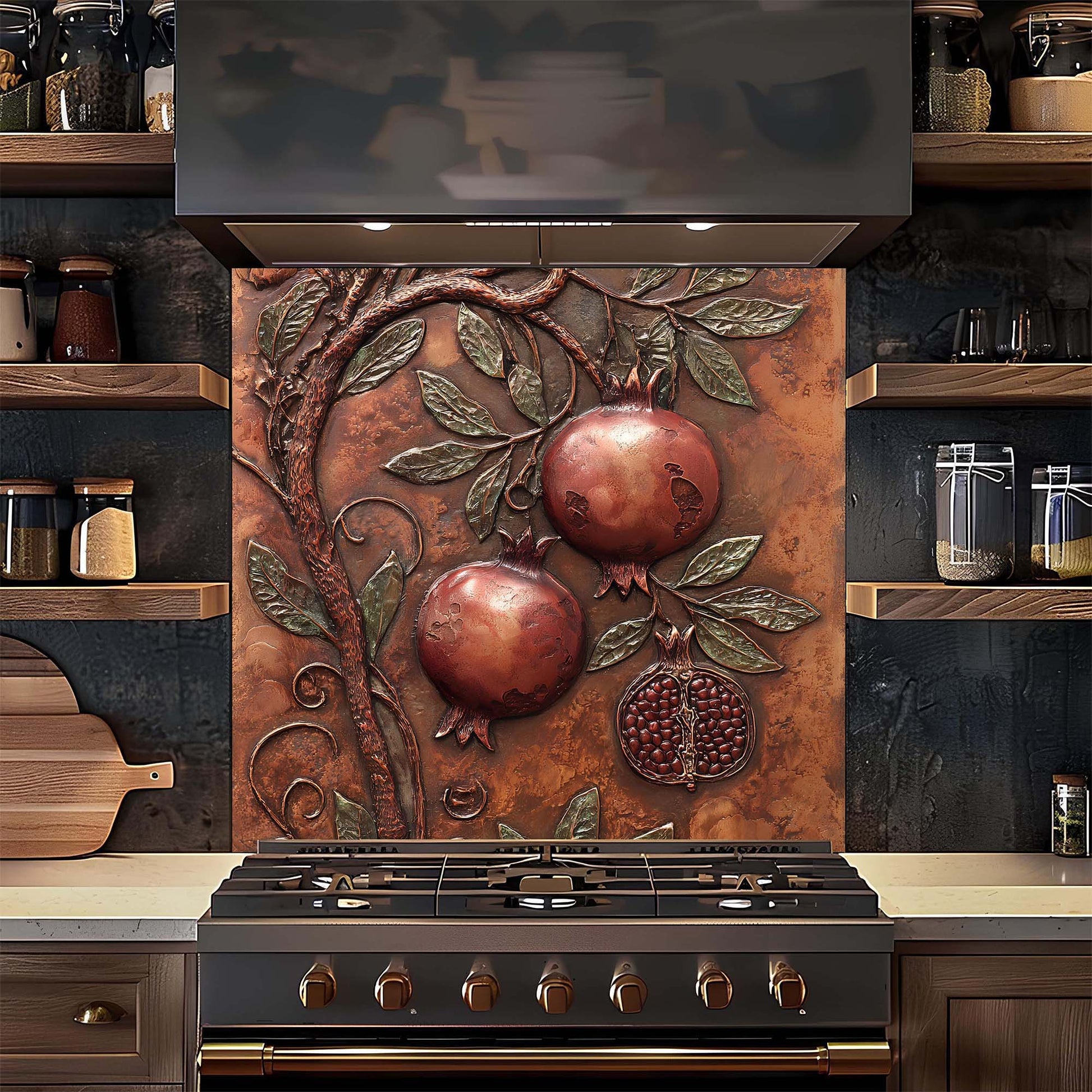 Decorative backsplash with pomegranate design above a stove in a kitchen.