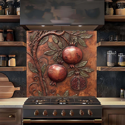 Decorative backsplash with pomegranate design above a stove in a kitchen.