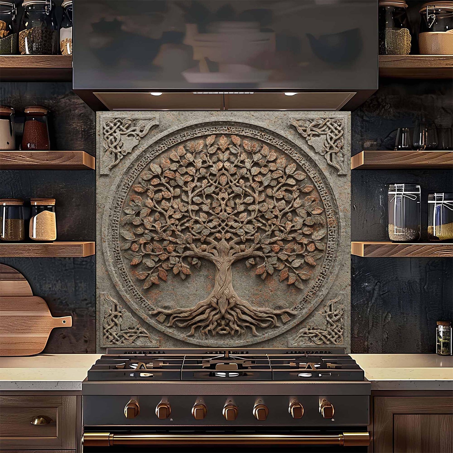 Decorative backsplash with tree design above a stove in a kitchen setting.