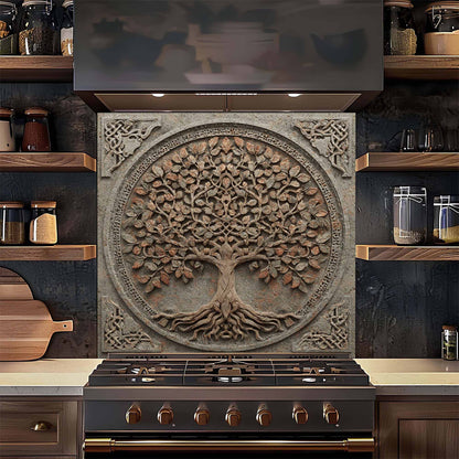 Decorative backsplash with tree design above a stove in a kitchen setting.