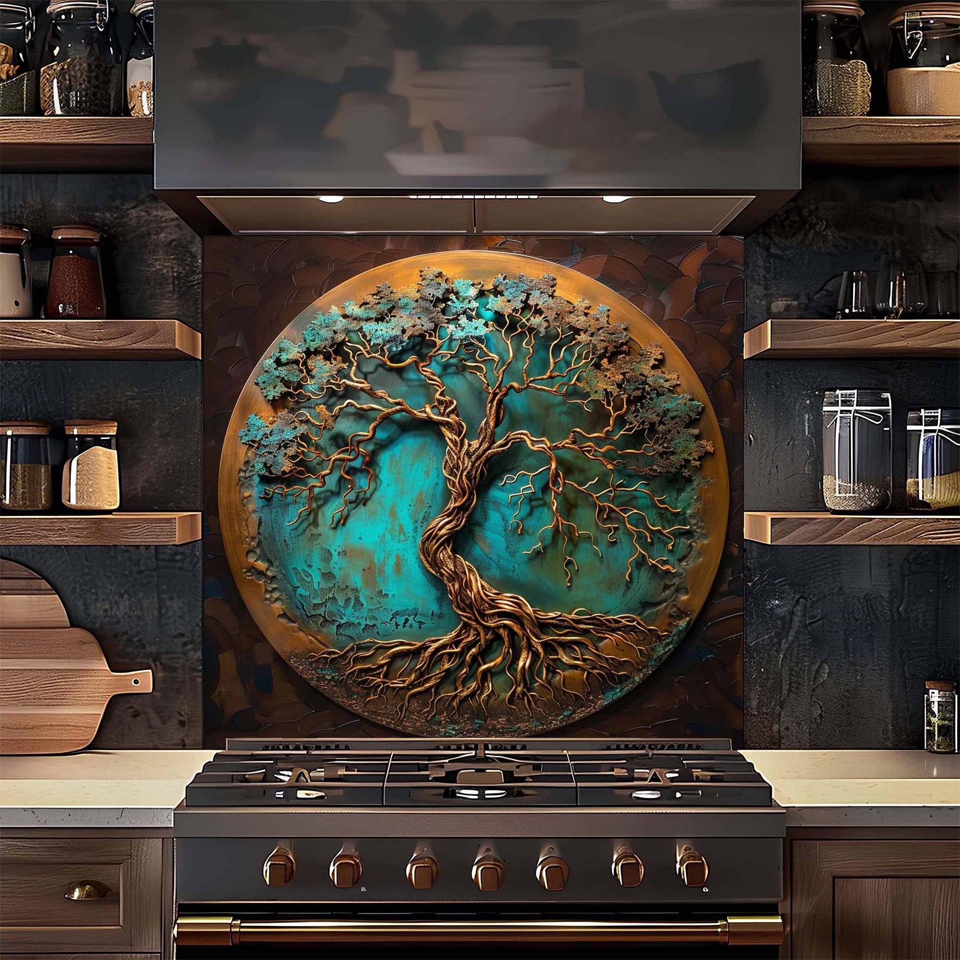 Decorative glass backsplash with a tree design above a stove in a kitchen setting.