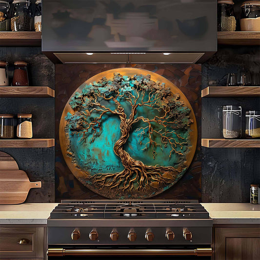 Decorative glass backsplash with a tree design above a stove in a kitchen setting.