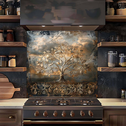 Decorative backsplash with a tree design above a stove in a kitchen setting.