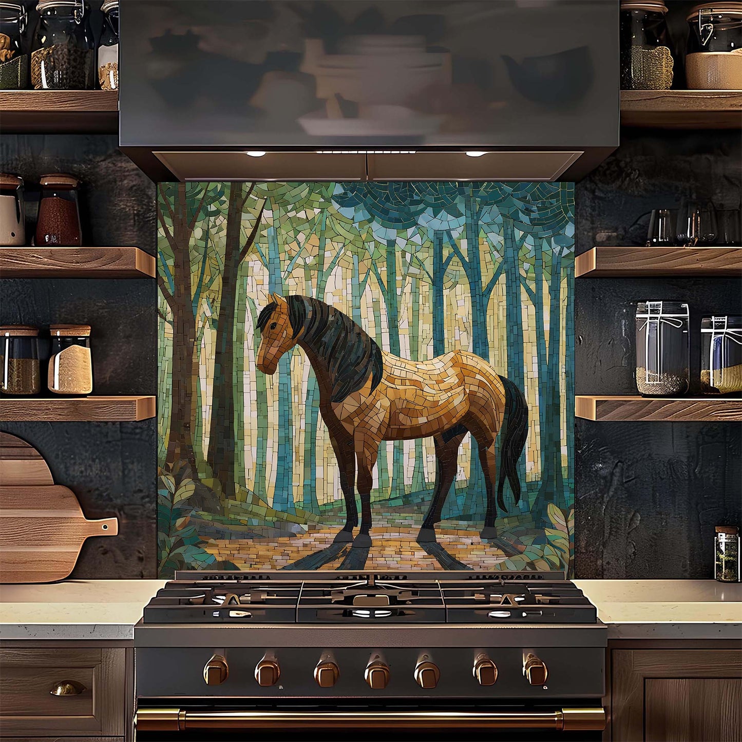 Kitchen with a stove and glass backsplash of a horse in a forest