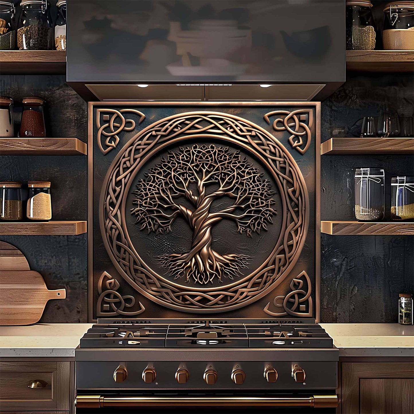 Decorative tempered glass backsplash with tree design above a stove in a kitchen setting.