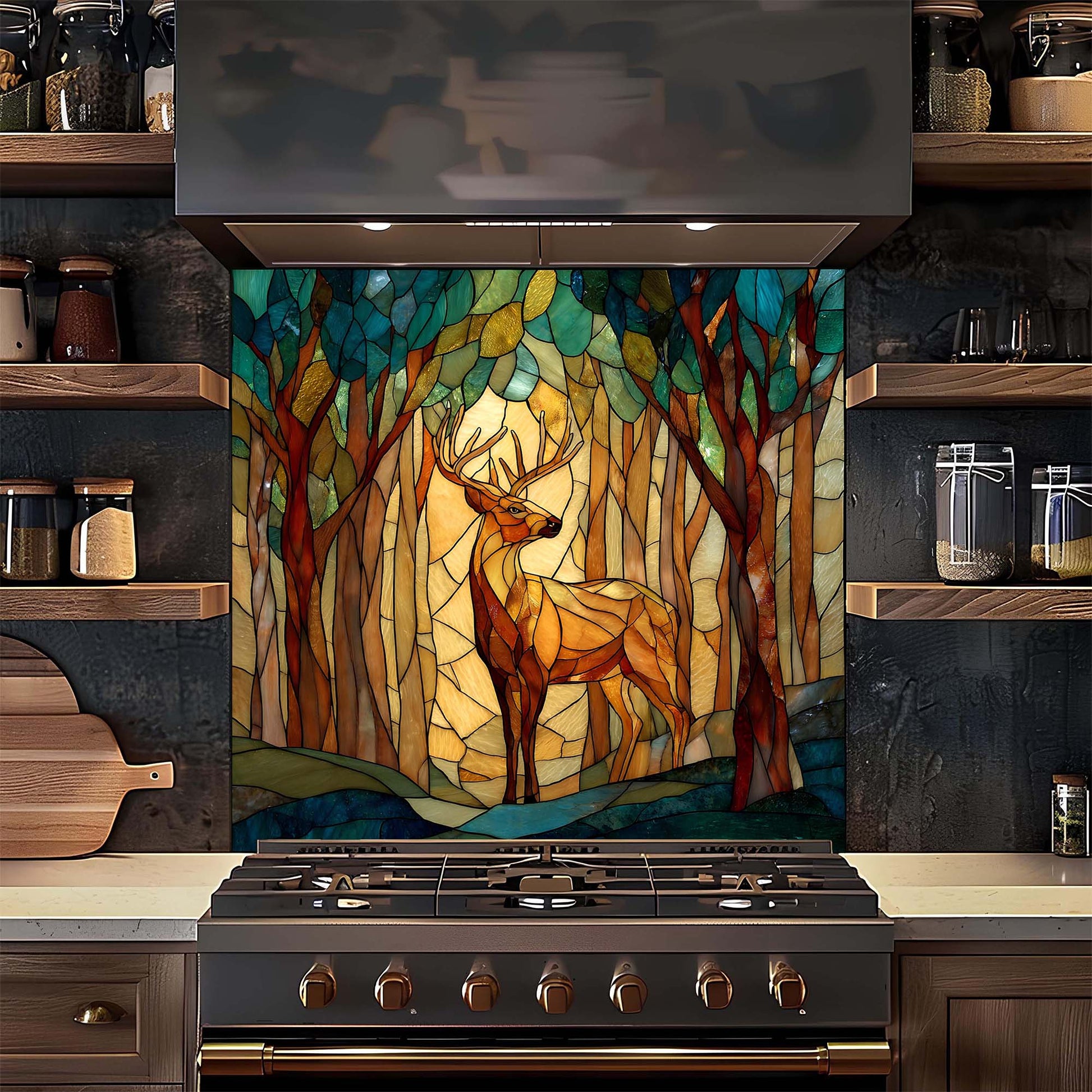 Stained glass backsplash of a deer in a forest above a stove in a kitchen.