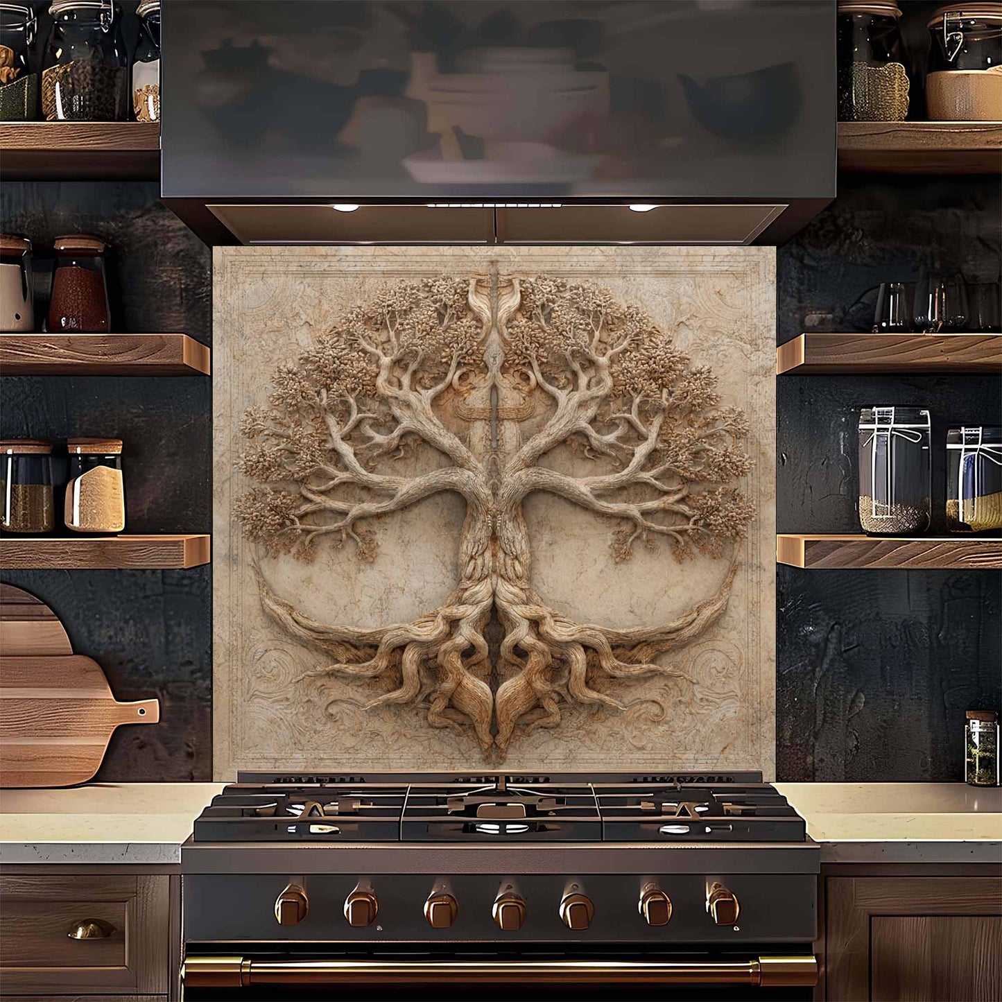 Kitchen stove with a decorative backsplash featuring a tree design.
