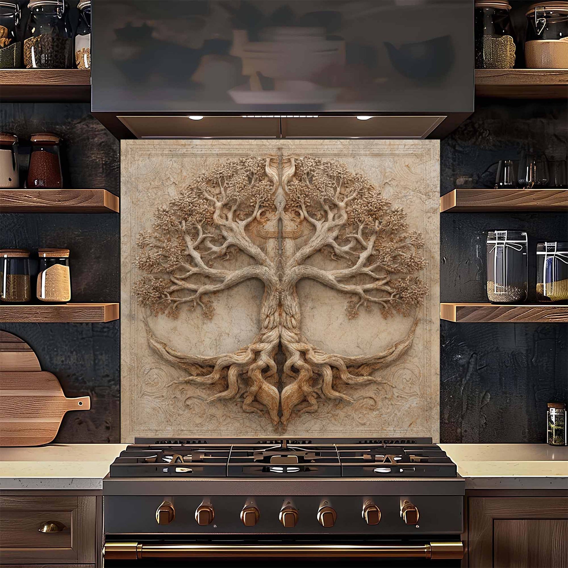 Kitchen stove with a decorative backsplash featuring a tree design.