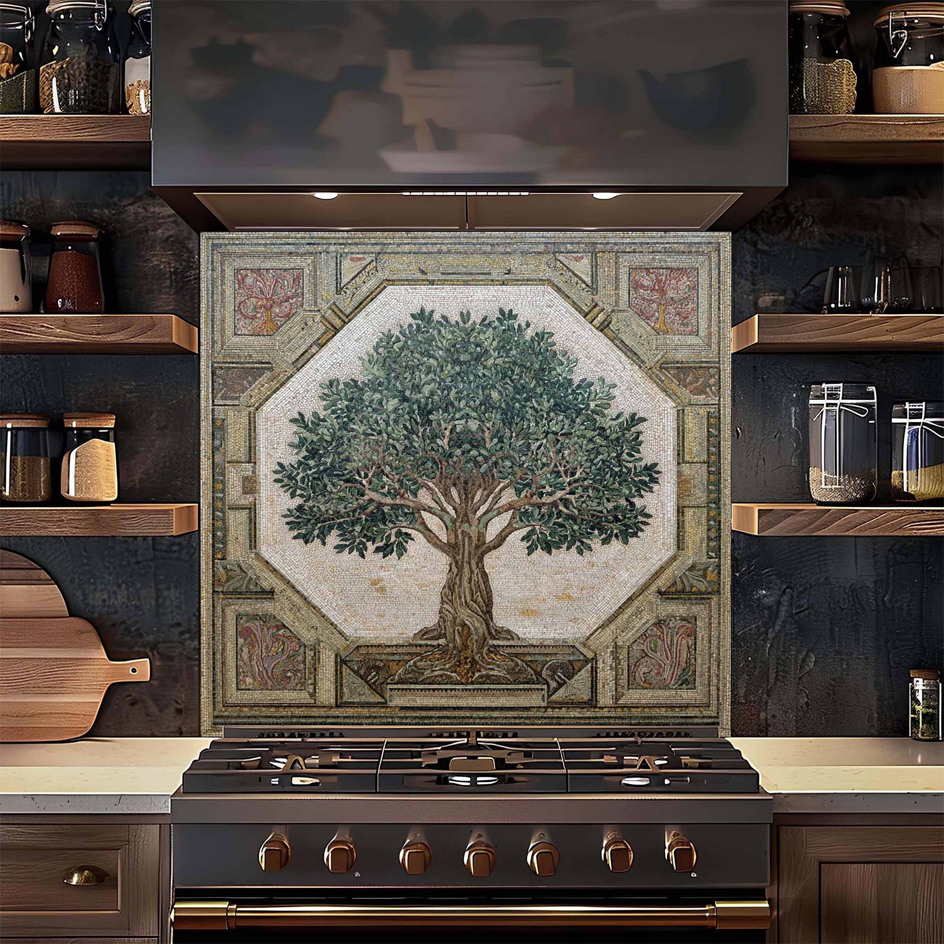 Kitchen stove with decorative backsplash featuring a tree design, surrounded by wooden shelves.