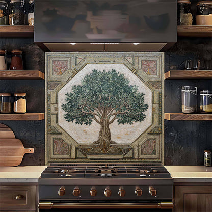 Kitchen stove with decorative backsplash featuring a tree design, surrounded by wooden shelves.