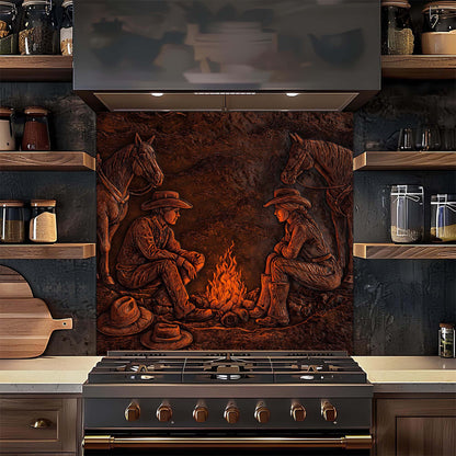 Kitchen with cowboy-themed glass backsplash featuring two people around a campfire.
