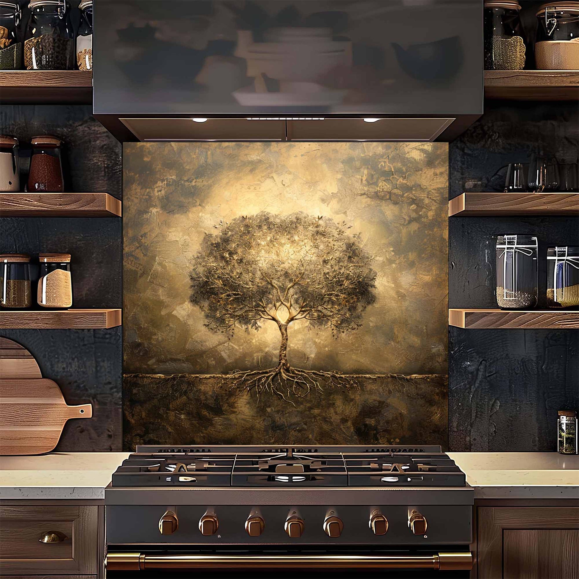 Kitchen with a decorative tree backsplash above a stove