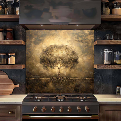 Kitchen with a decorative tree backsplash above a stove
