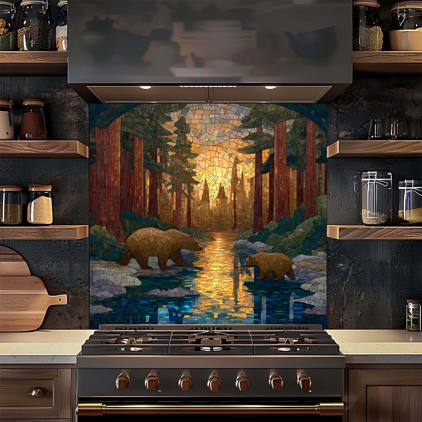 Kitchen with a glass backsplash behind a stove