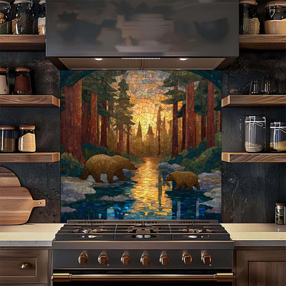 Kitchen with a glass backsplash behind a stove