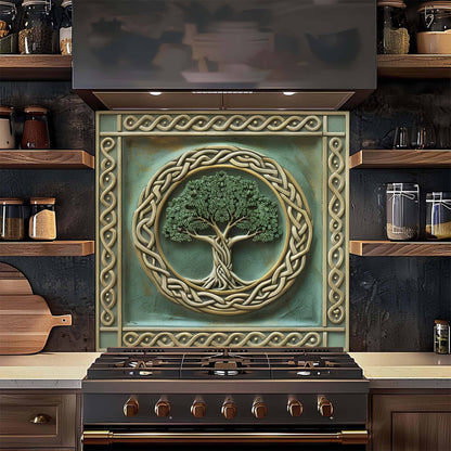 Decorative backsplash with tree design above a stove in a kitchen setting