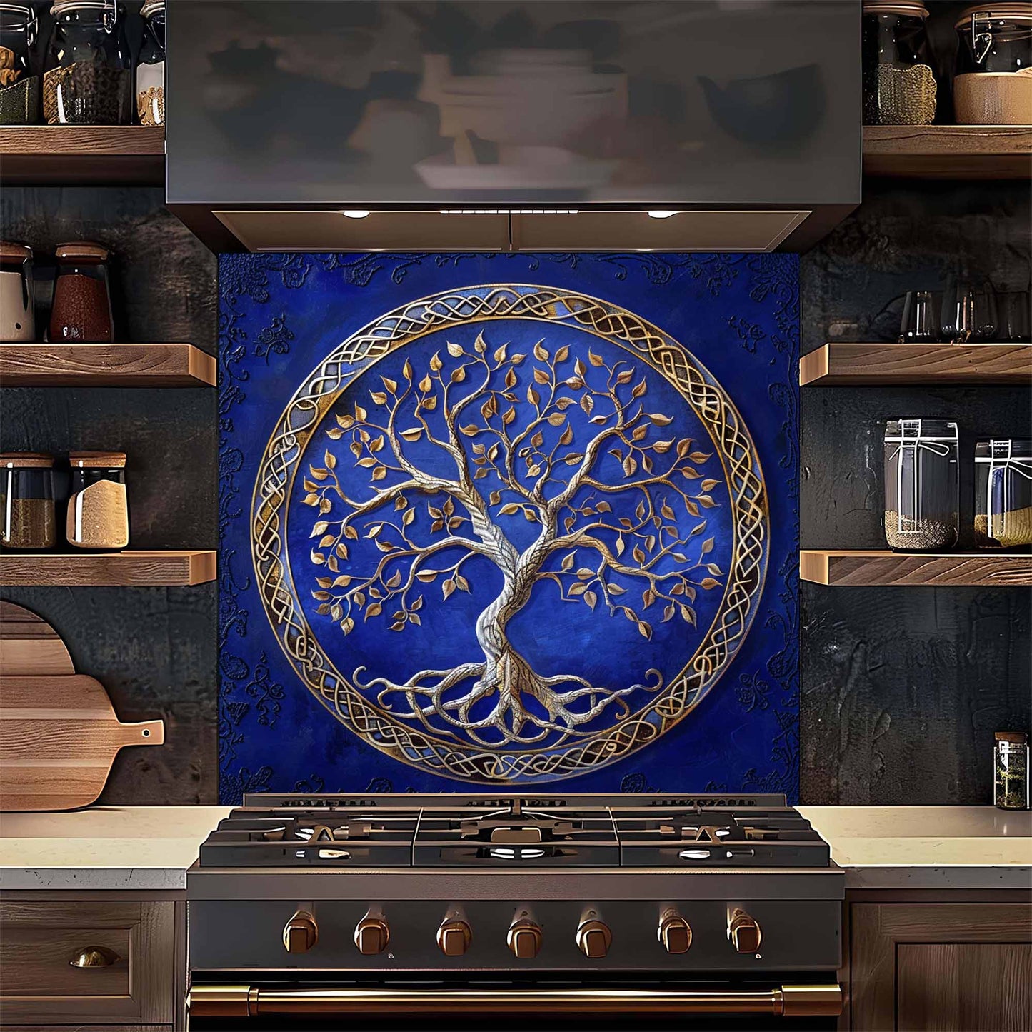Decorative backsplash with tree of life design in a kitchen setting