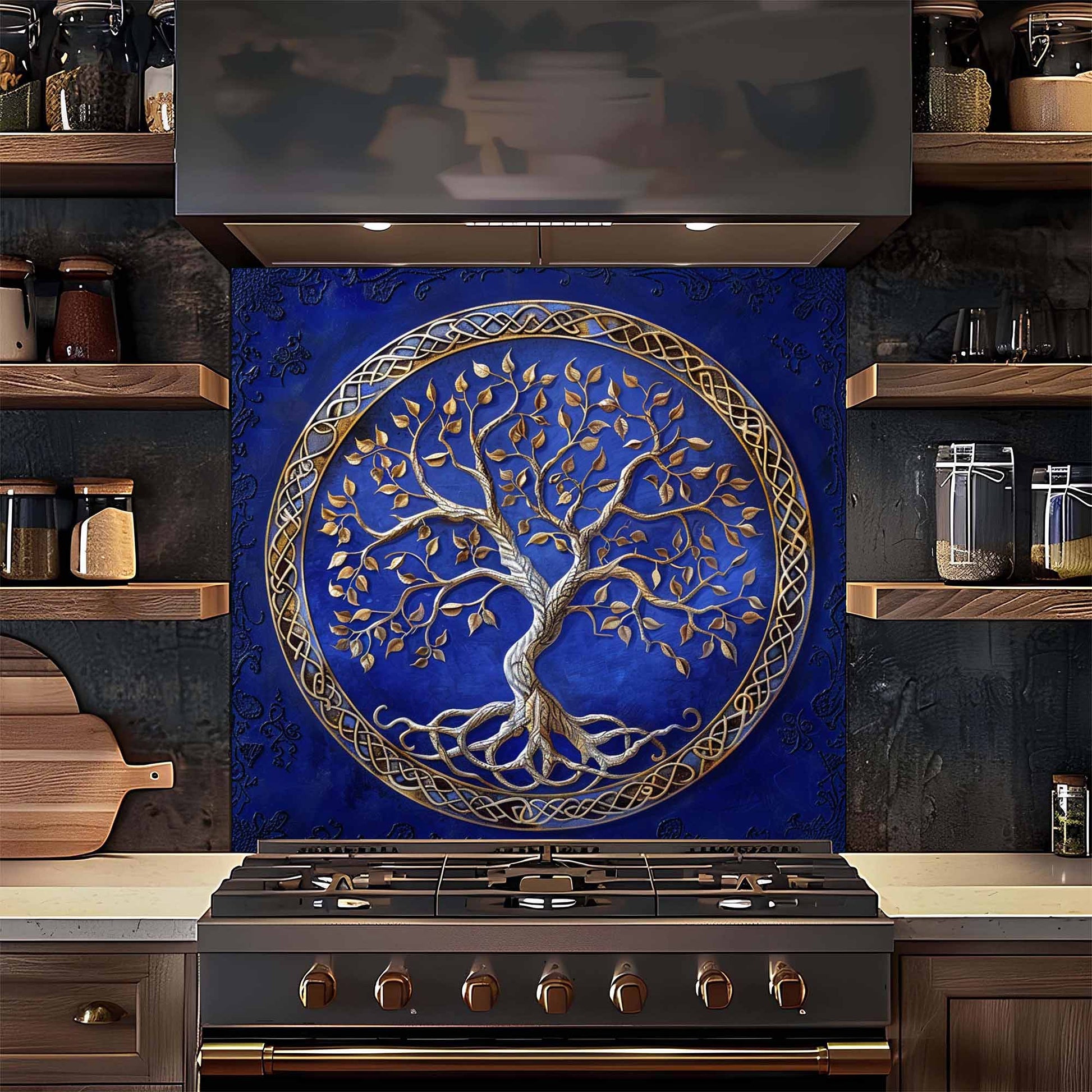 Decorative backsplash with tree of life design in a kitchen setting