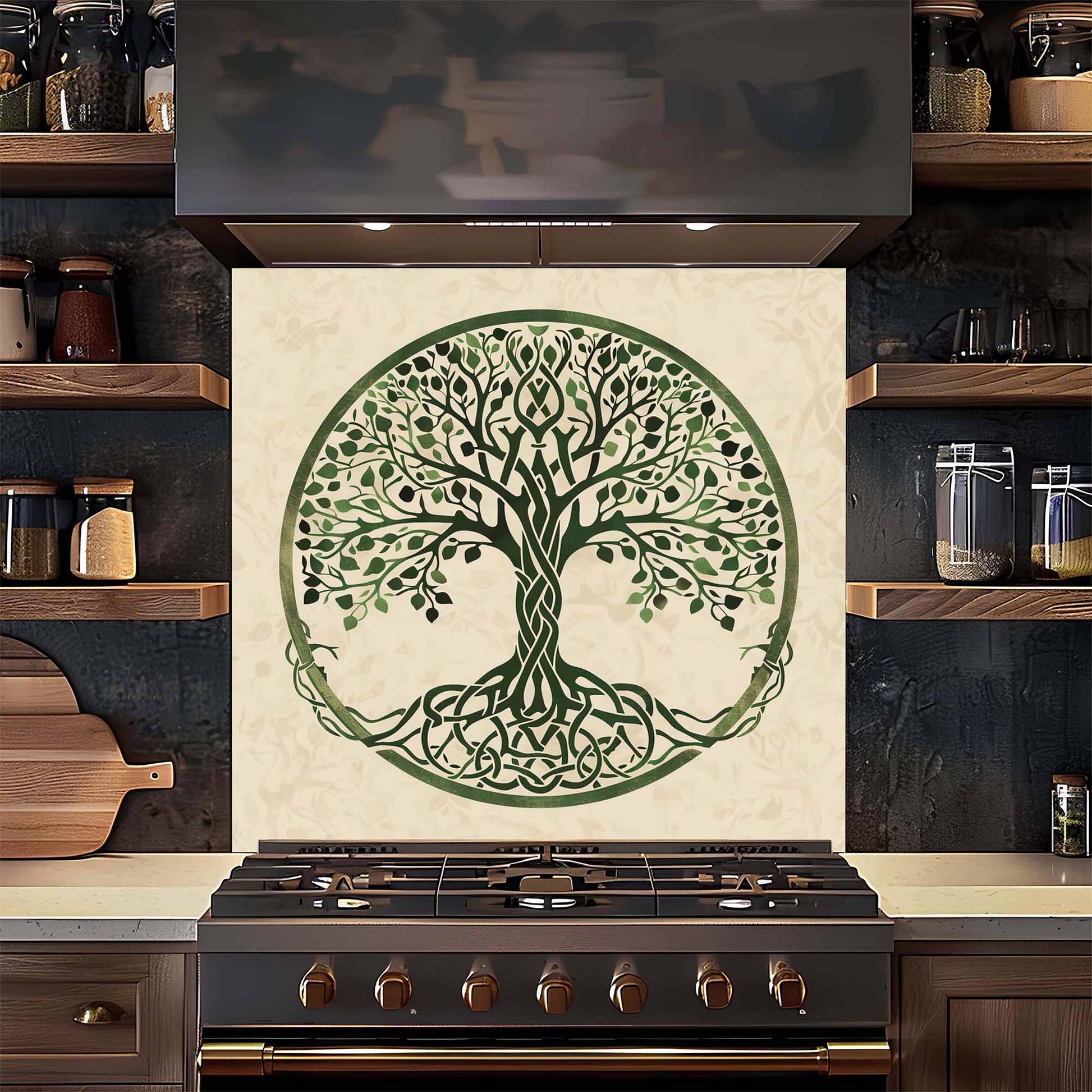 Kitchen stove with a decorative backsplash featuring a green tree design.