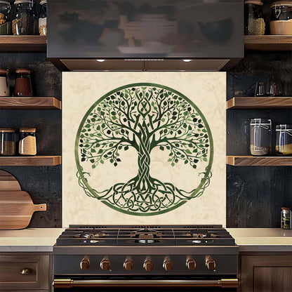 Kitchen stove with a decorative backsplash featuring a green tree design.