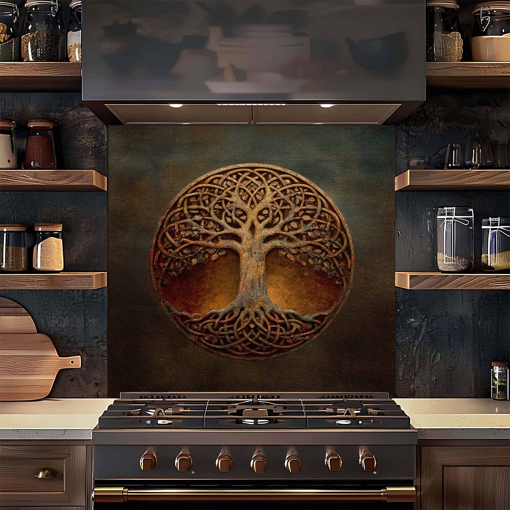 Decorative backsplash with tree design above a stove in a kitchen.