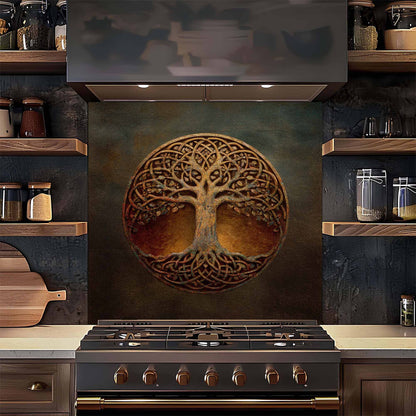 Decorative backsplash with tree design above a stove in a kitchen.