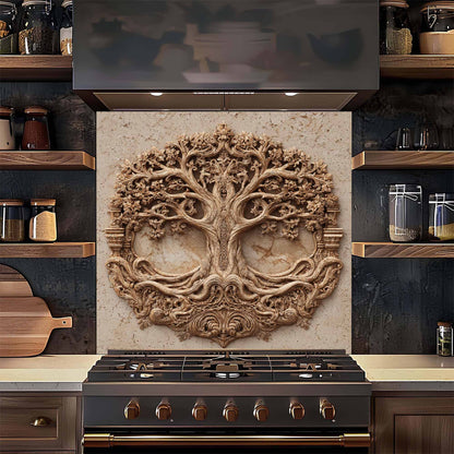 Decorative backsplash with tree design above a stove in a kitchen setting.
