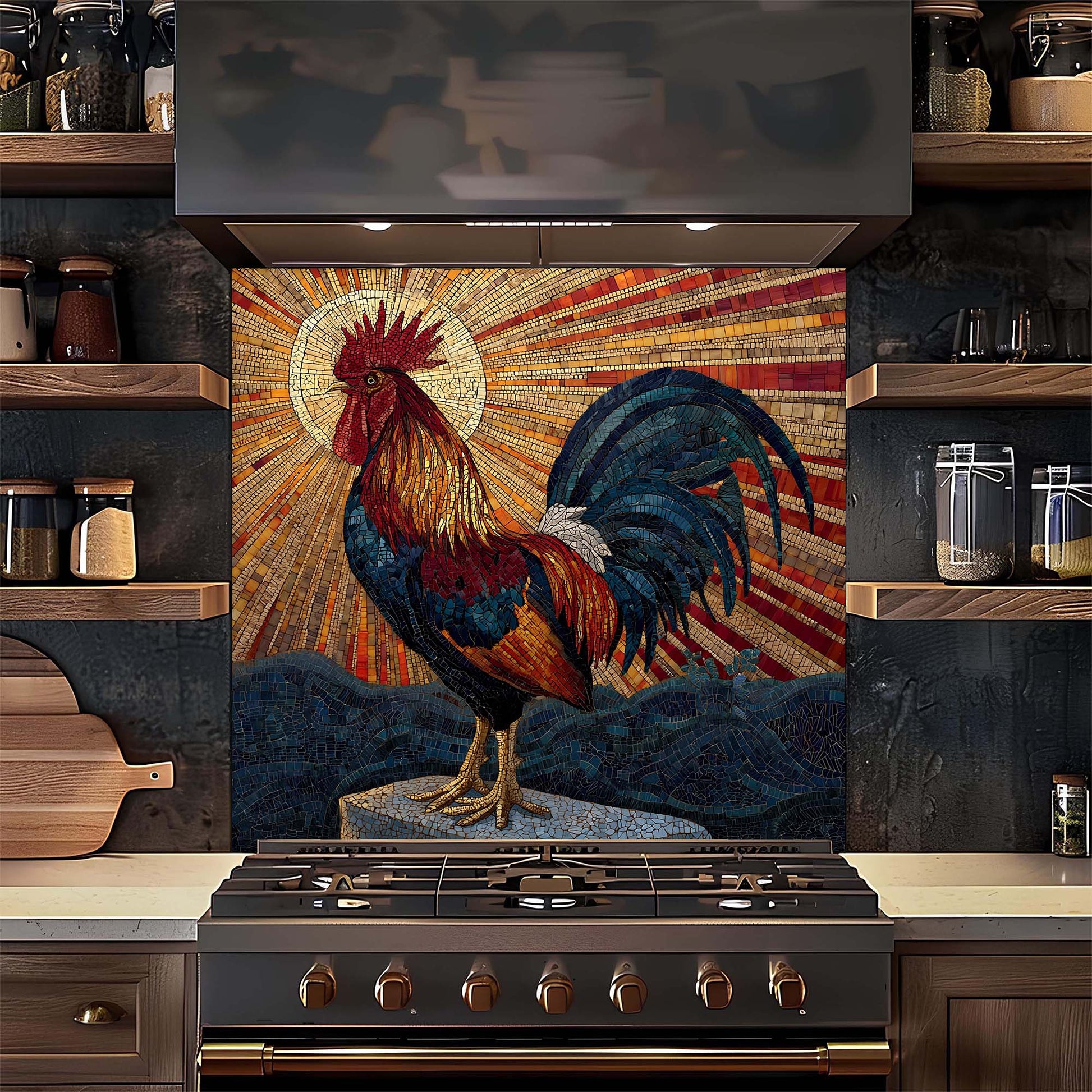 Radiant dawn rooster mosaic glass backsplash with golden sunburst and deep blues. A bold tempered glass kitchen backsplash design.