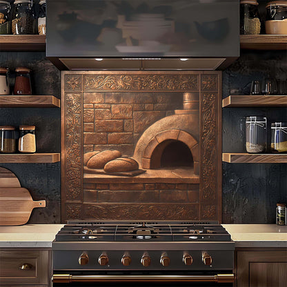 Decorative brick oven glass backsplash with stove in a kitchen setting