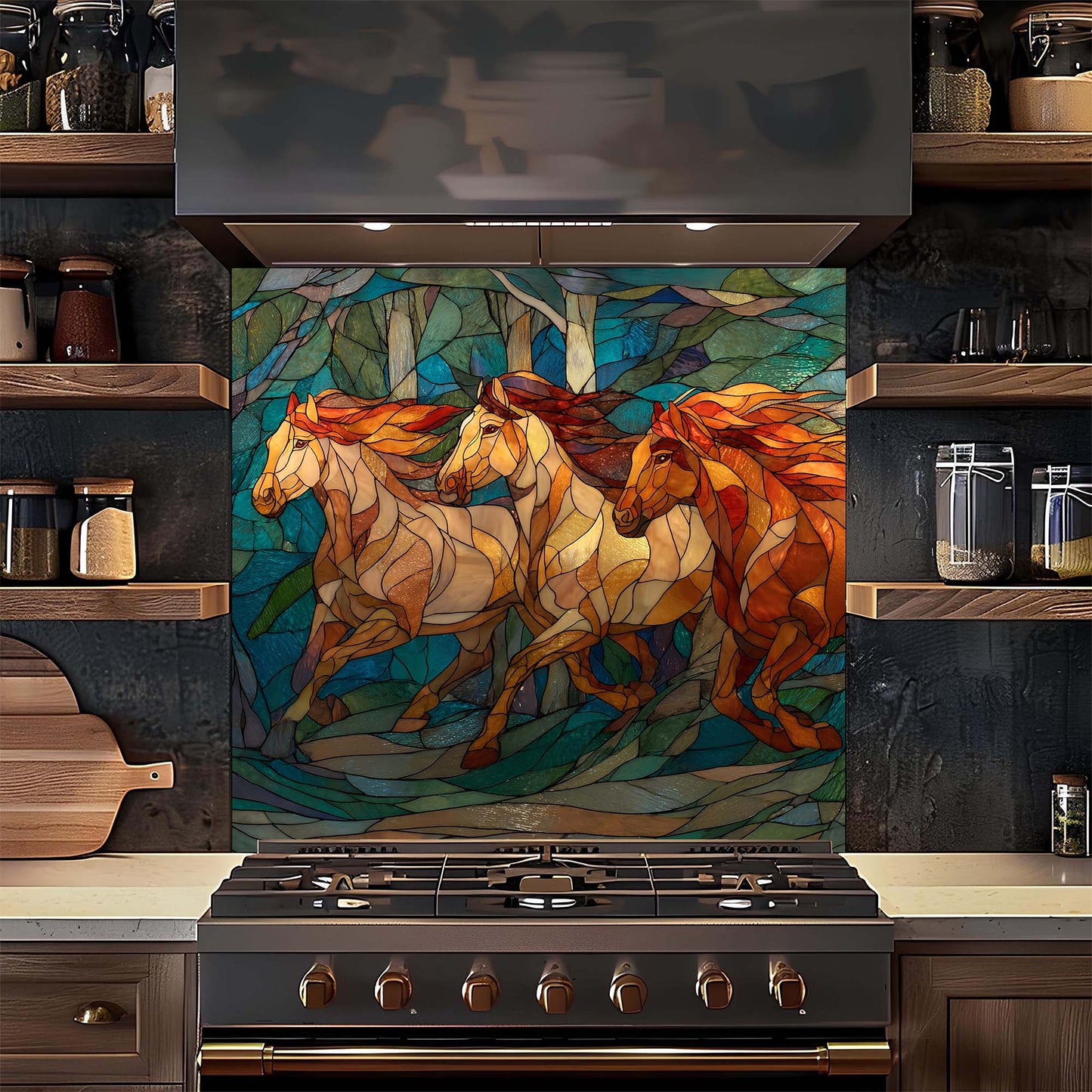 Three running horses in a stained glass forest design on tempered glass backsplash, creating a bold, elegant kitchen focal point.