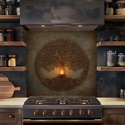 Decorative glass backsplash with a tree design above a stove in a kitchen.