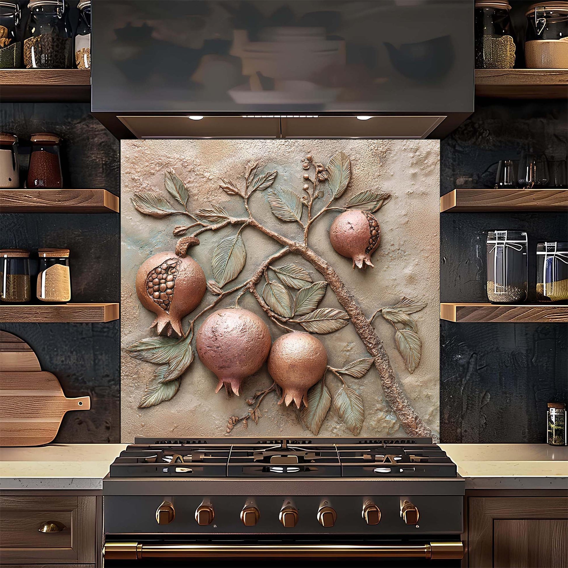 Decorative backsplash with pomegranate design above a stove in a kitchen.
